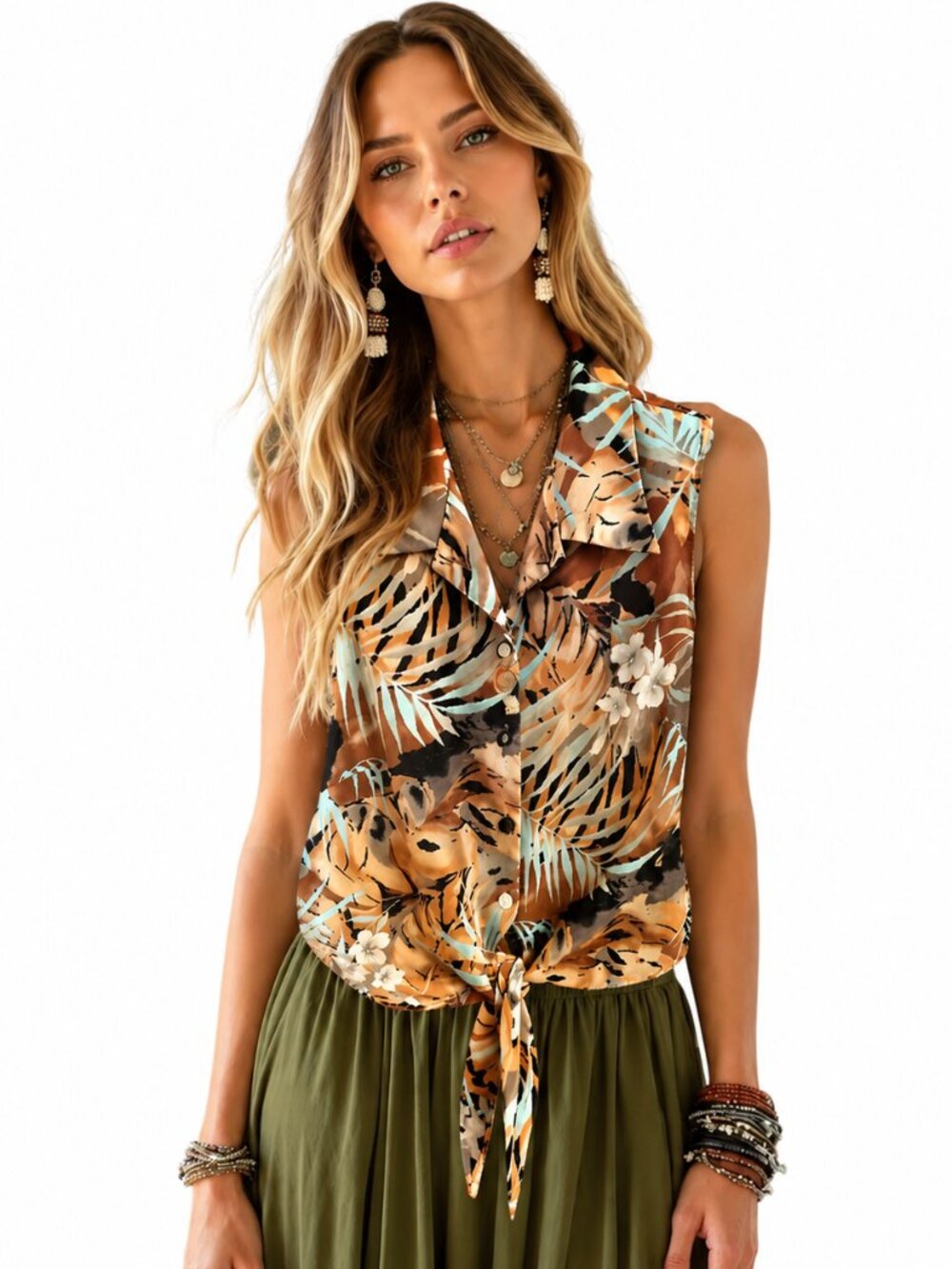 Dress Barn tropical print blouse, tie front